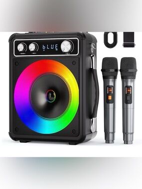 NEW - Karaoke Machine with 2 Wireless Microphones, Portable Bluetooth Speaker